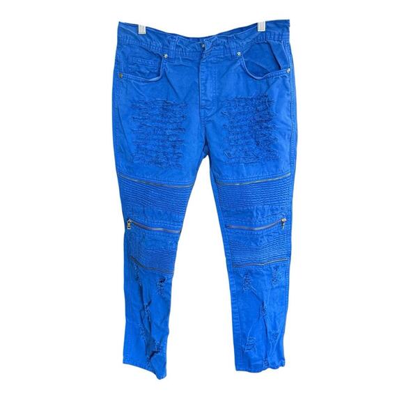 Focus Jeans Men's Royal Blue Distressed Y2K Zippers 32x30 Skinny Streetwear - Picture 1 of 10
